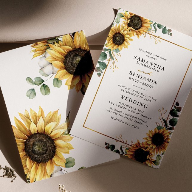 Convites Casamento Geométrico de Eucalyptus Greenery Sunflo (Sunflower Eucalyptus Wedding Invitation Front and Back view)