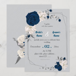 Convites Casamento geométrico de flores azuis e brancas mar