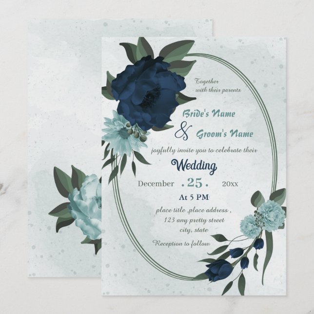 Convites Casamento geométrico de flores azuis e marinhos (Frente/Verso)