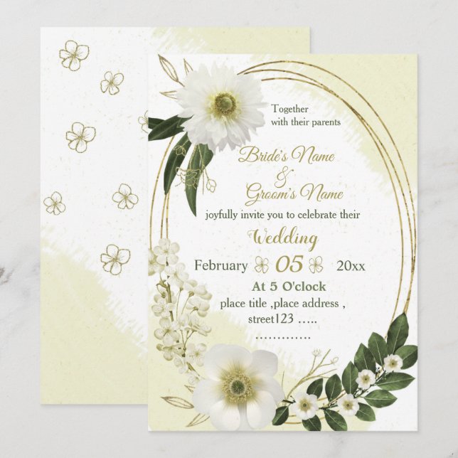 Convites casamento geométrico de flores brancas e douradas (Frente/Verso)