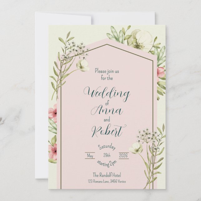 Convites Casamento Geométrico De Flores Brancas E Verdes (Frente)