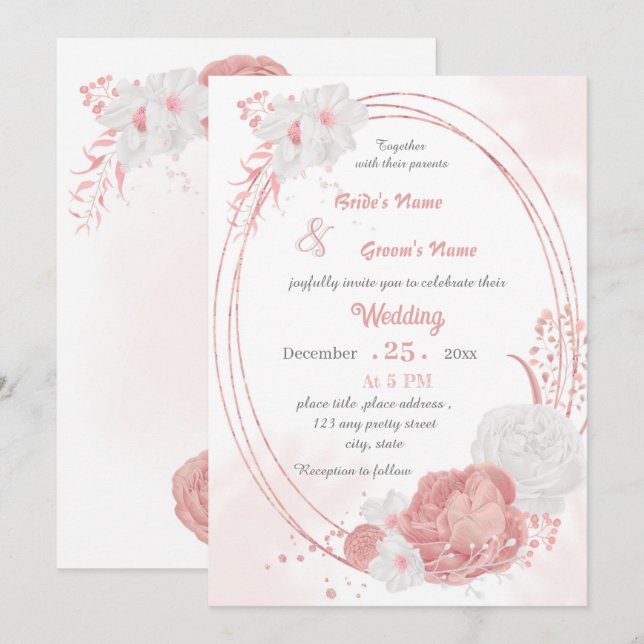 Convites casamento geométrico de flores rosa e brancas (Frente/Verso)