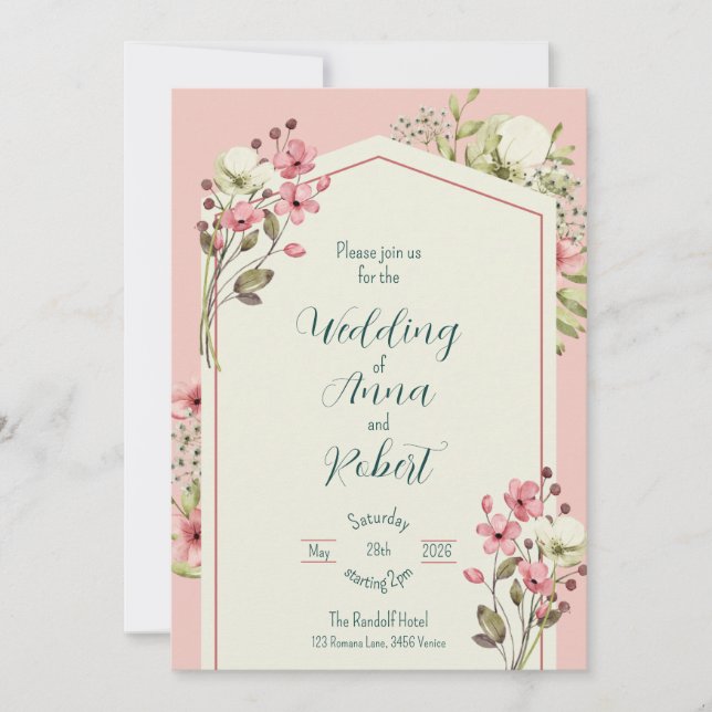 Convites Casamento Geométrico De Flores Selvagens Rosa E Br (Frente)