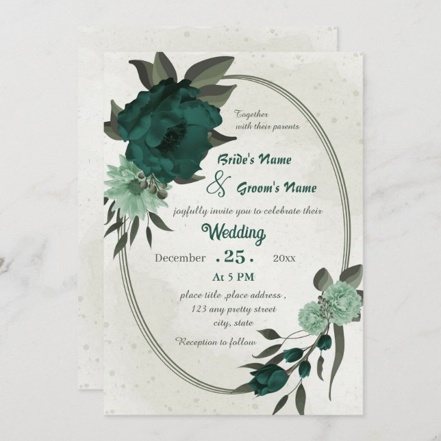 Convites casamento geométrico de flores verdes esmeraldas (Frente/Verso)