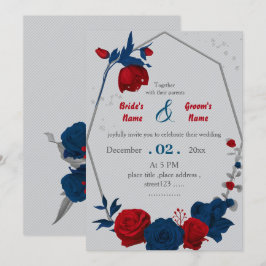 Convites casamento geométrico de flores vermelhas e marinho
