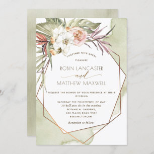 Convites Casamento Geométrico de Folhas Tropicais Verdes