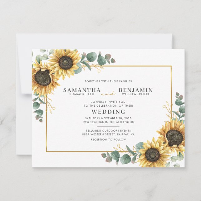Convites Casamento Geométrico de Girassol Floral e Eucalipt (Frente)