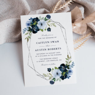 Convites Casamento geométrico de marinho e prata azul-clar