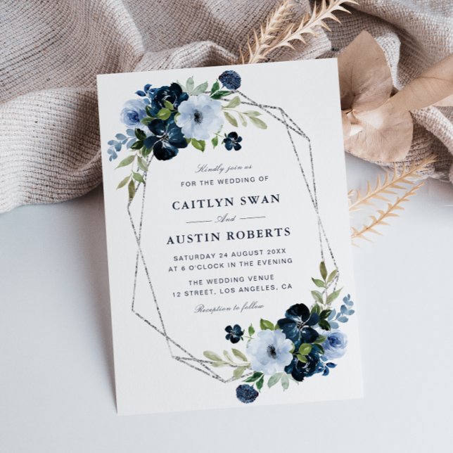 Convites Casamento geométrico de marinho e prata azul-claro (Criador carregado)