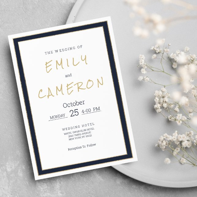 Convites Casamento geométrico de ouro branco e marinho míni (Minimalist white navy blue gold geometric Wedding )