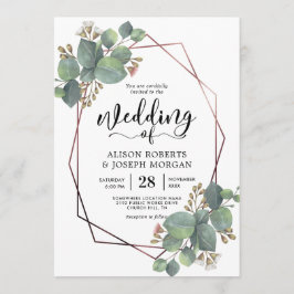 Convites Casamento geométrico de ouro com rosa de Eucalyptu