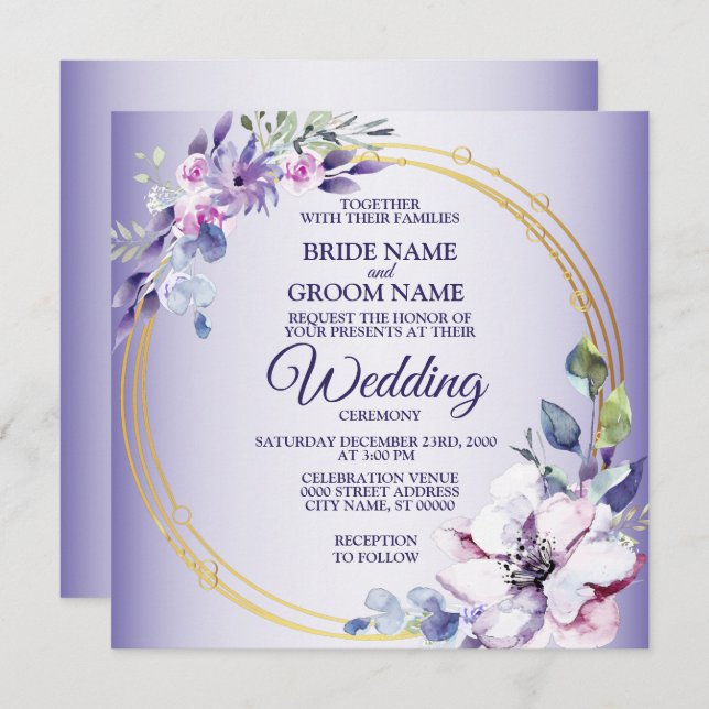 Convites Casamento Geométrico de Ouro Floral de Aquarela (Frente/Verso)