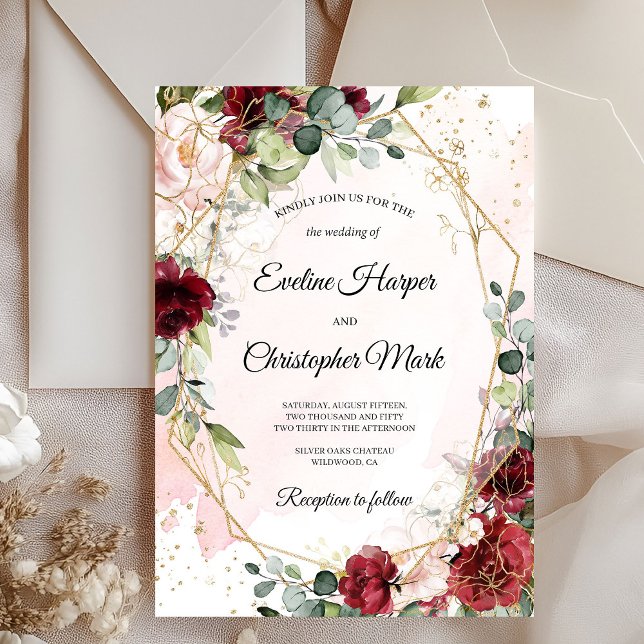 Convites Casamento geométrico de ouro-merlot vermelho-grand (Boho blush burgundy pink and gold geometric wedding invitation )