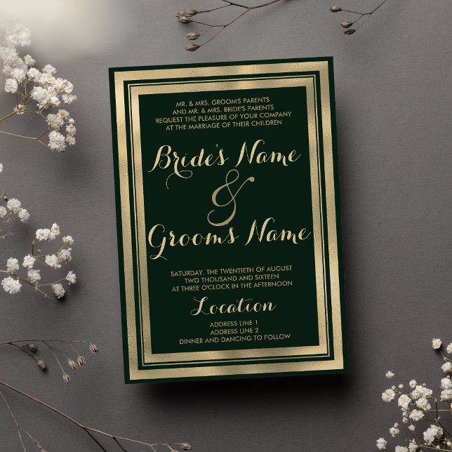 Convites Casamento geométrico de ouro verde florestal (Geometric modern forest green gold Wedding )