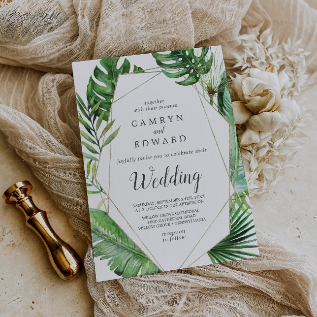 Convites Casamento Geométrico de Palm Tropical Selvagem (Wild Tropical Palm Geometric Summer Beach Wedding Invitation)