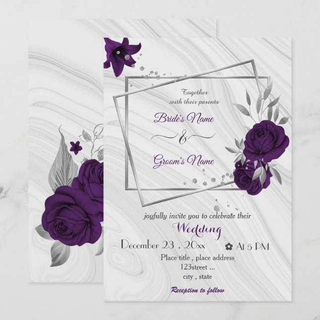 Convites casamento geométrico de prata com flores roxas rea (Frente/Verso)