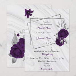Convites casamento geométrico de prata com flores roxas rea
