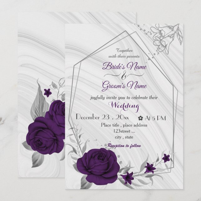 Convites casamento geométrico de prata com flores roxas rea (Frente/Verso)