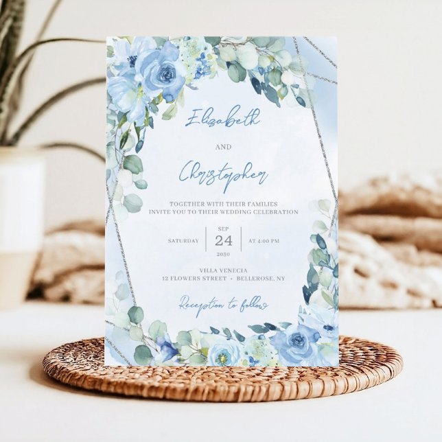 Convites Casamento Geométrico de Prata Floral Azul Dusty (Winter blue flowers mixed eucalyptus greenery and silver glitter frame wedding invitation)