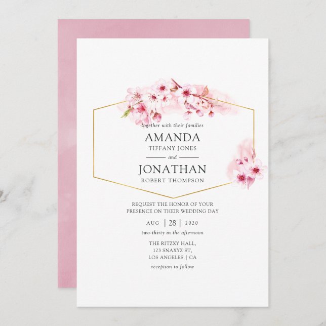 Convites Casamento Geométrico de Primavera Cherry Blossom (Frente/Verso)