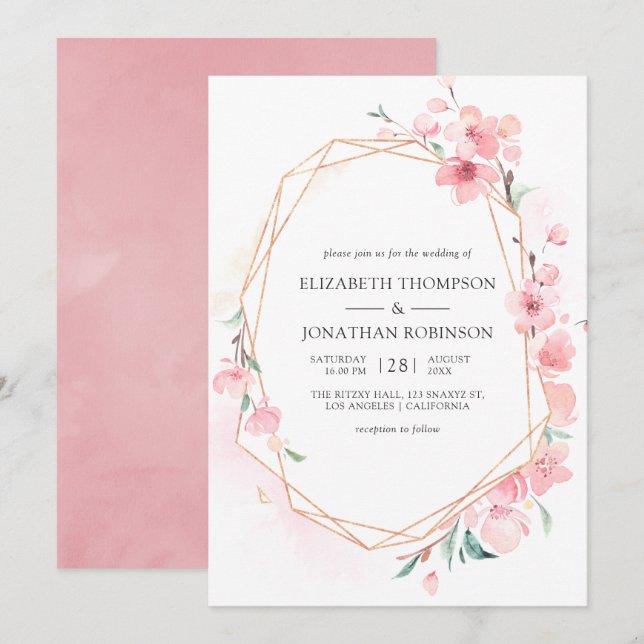 Convites Casamento Geométrico de Primavera com Flor de Cere (Frente/Verso)