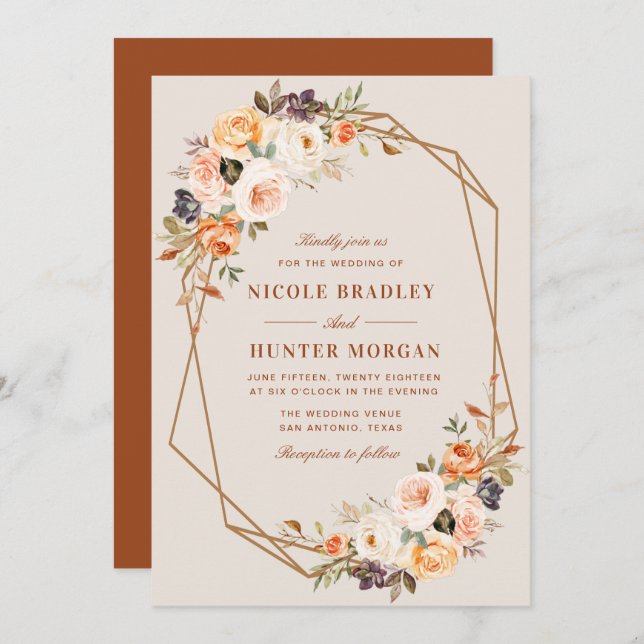 Convites casamento geométrico de terracotta floral em queda (Frente/Verso)