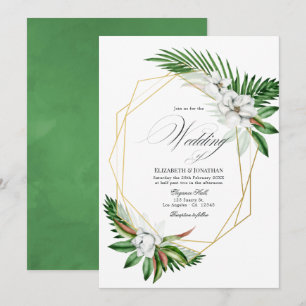 Convites Casamento Geométrico de Vegetação Tropical em Aqua