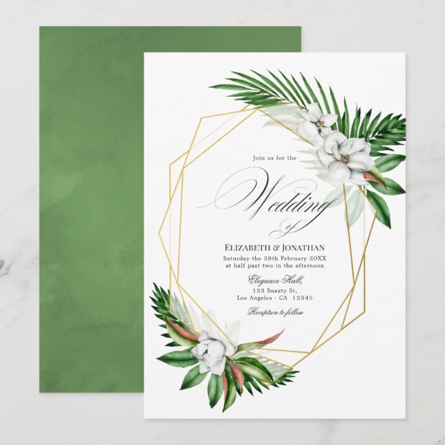 Convites Casamento Geométrico de Vegetação Tropical em Aqua (Frente/Verso)