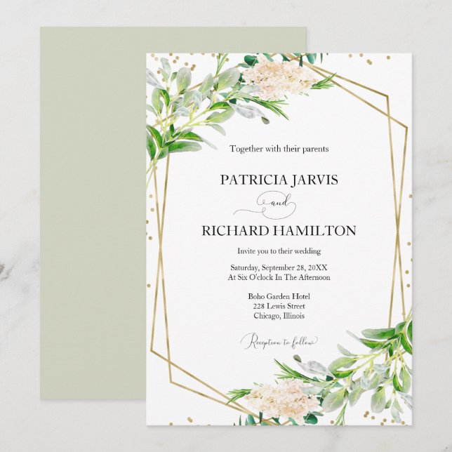 Convites Casamento Geométrico de Verde Moderno e Elegante (Frente/Verso)