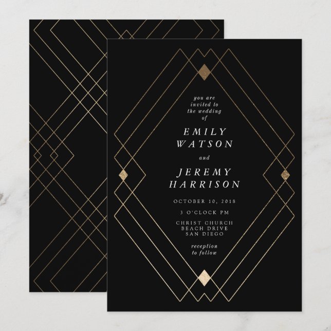 Convites Casamento Geométrico Deco Gatsby Dourado Negro Dia (Frente/Verso)