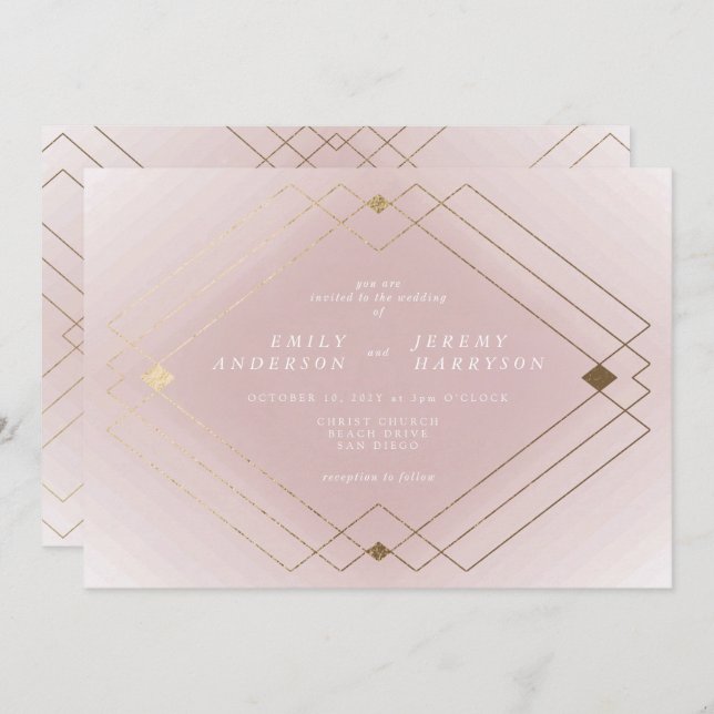 Convites Casamento Geométrico Deco Gatsby Dourado Rosa-Rosa (Frente/Verso)