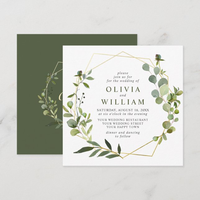 Convites Casamento Geométrico do Foliage Eucalyptus Moderno (Frente/Verso)