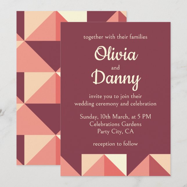 Convites Casamento Geométrico do Triângulo Púrpura Rosa Pês (Frente/Verso)