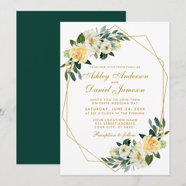 Convites Casamento Geométrico Dourado Amarelo Floral (Frente/Verso)