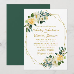 Convites Casamento Geométrico Dourado Amarelo Floral Moder