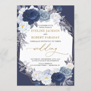 Convites Casamento Geométrico Dourado Azul-Floral de Trendy