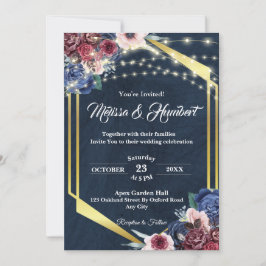 Convites Casamento Geométrico Dourado Azul, Marinho Rustic