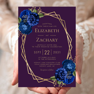 Convites Casamento Geométrico Dourado Azul Roxo