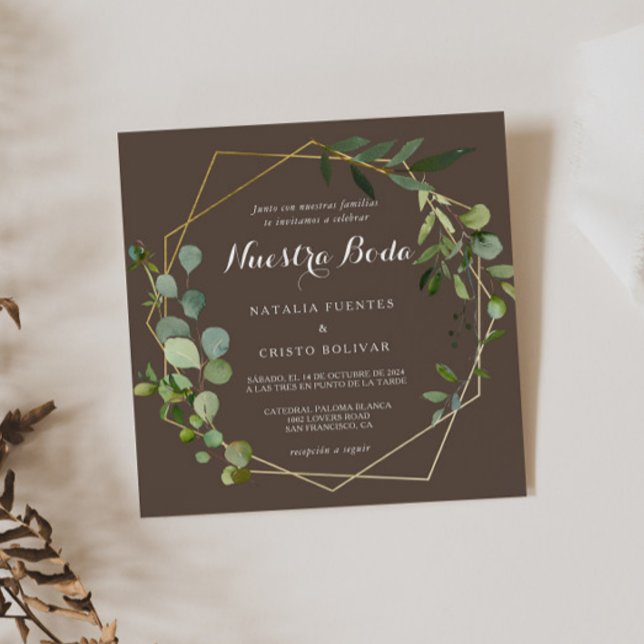 Convites Casamento Geométrico Dourado Castanho Verde Espanh (Criador carregado)