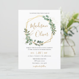 Convites Casamento Geométrico Dourado Chic Eucalyptus Green