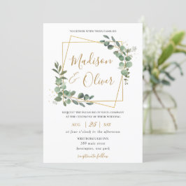 Convites Casamento Geométrico Dourado Chic Eucalyptus Green