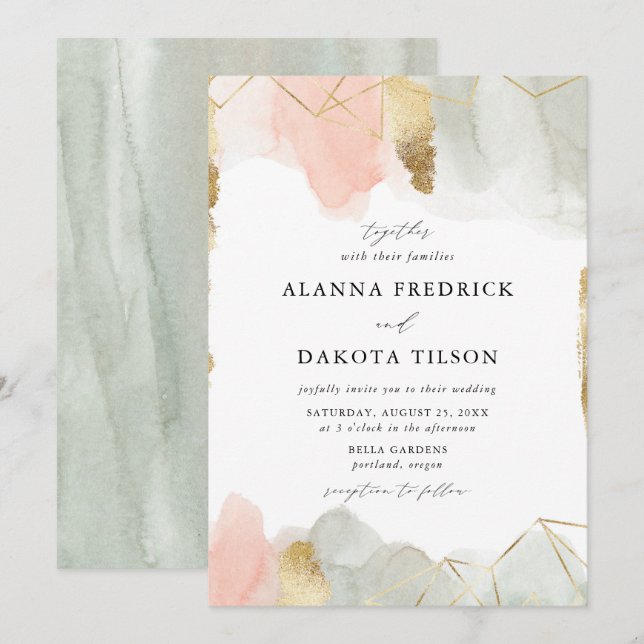Convites Casamento Geométrico Dourado com Aquarela Blush &  (Frente/Verso)