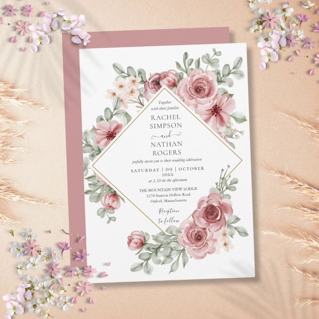 Convites Casamento Geométrico Dourado com Dusty Floral (Floral Dusty Rose Gold Geometric Wedding Invitation)