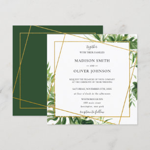 Convites Casamento Geométrico Dourado com Folha Verde Trop