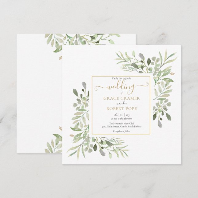 Convites Casamento Geométrico Dourado com Vegetação em Aqua (Frente/Verso)