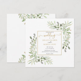 Convites Casamento Geométrico Dourado com Vegetação em Aqua