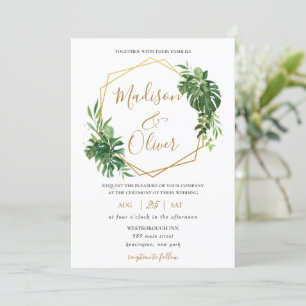 Convites Casamento Geométrico Dourado com Verde Tropical