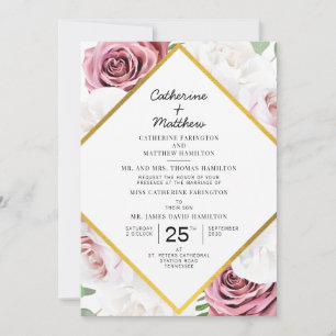 Convites Casamento Geométrico Dourado de Blush Floral Rosa