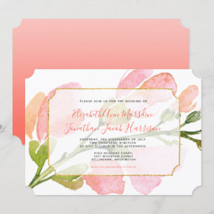 Convites Casamento Geométrico Dourado de Coral Floral Eleg