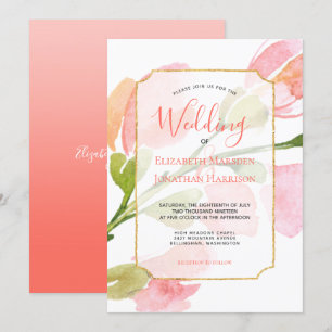 Convites Casamento Geométrico Dourado de Coral Floral Elega